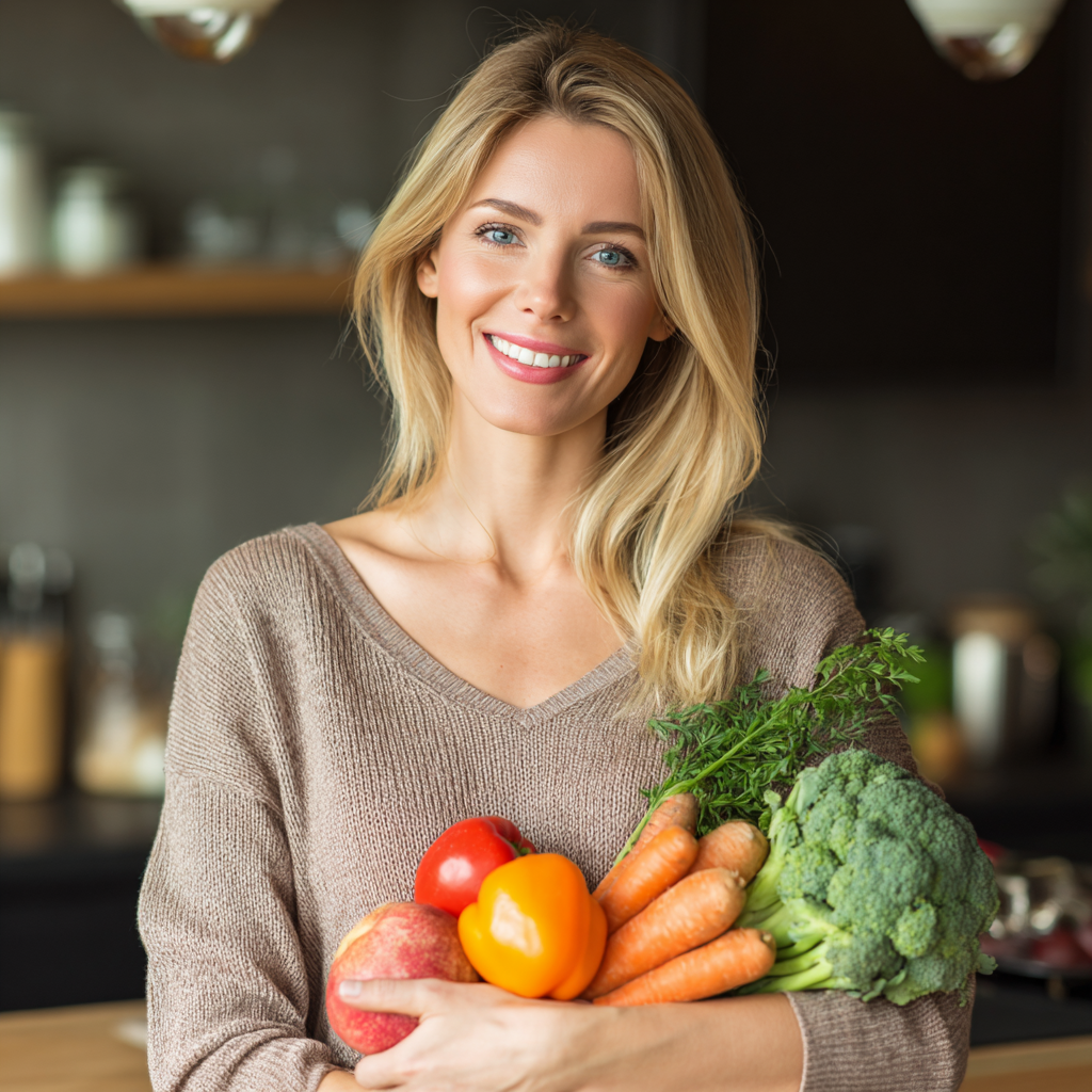 Smiling European woman in her 30s holding a colorful healthy meal plate, sitting at a bright kitchen table with fresh vegetables and fruits around, realistic photography style