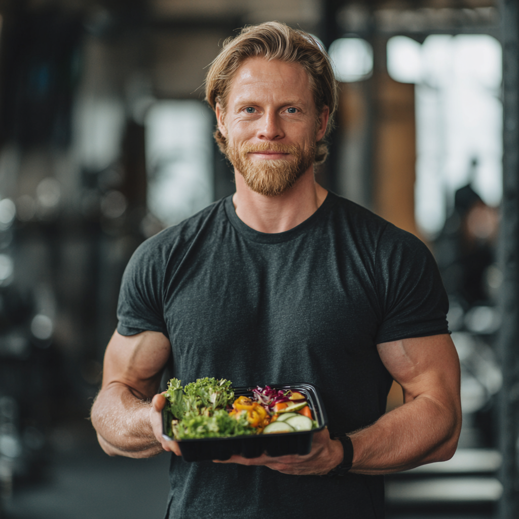 Confident European male fitness trainer in his 30s in gym setting holding healthy meal, realistic photography style