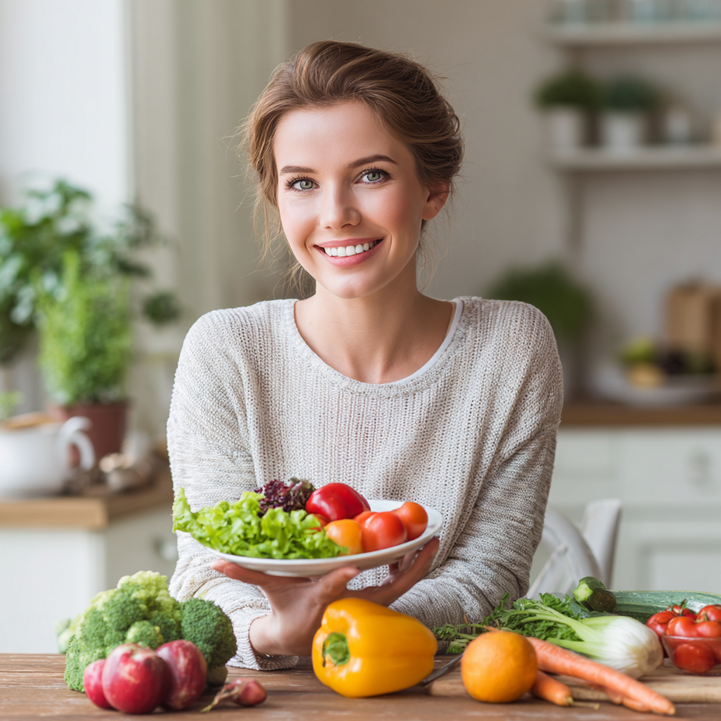 Smiling European female nutritionist in her 40s wearing professional white coat in a modern clinic setting, realistic photography style